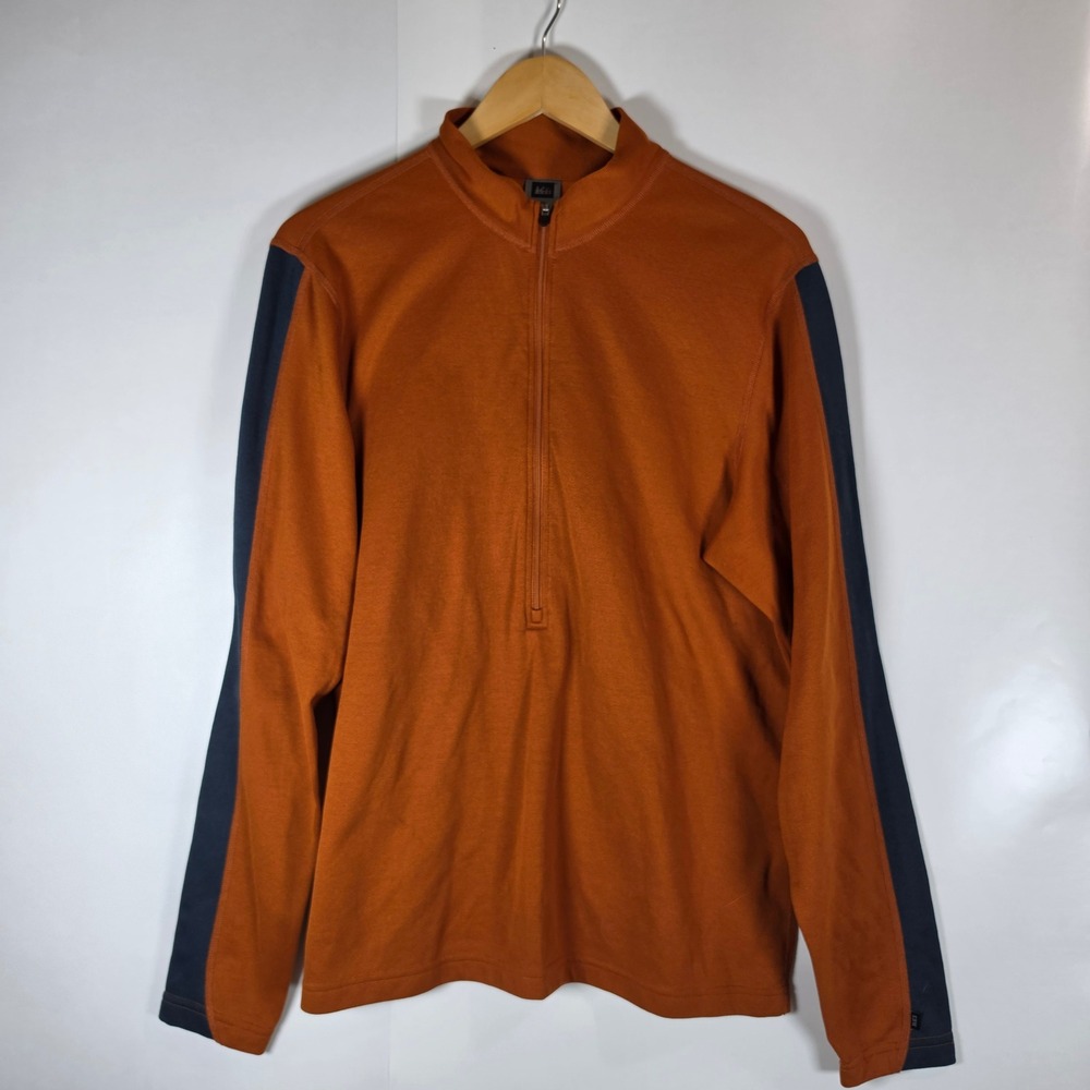 REI Mens Large Quarter Zip Pullover Rust Orange Navy Blue Technical Hiking Shirt